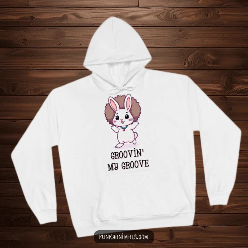 Funny Funky Rabbit Hoodie: A stylish rabbit with an afro wig is mid-moonwalk, bringing retro dance vibes to your day.