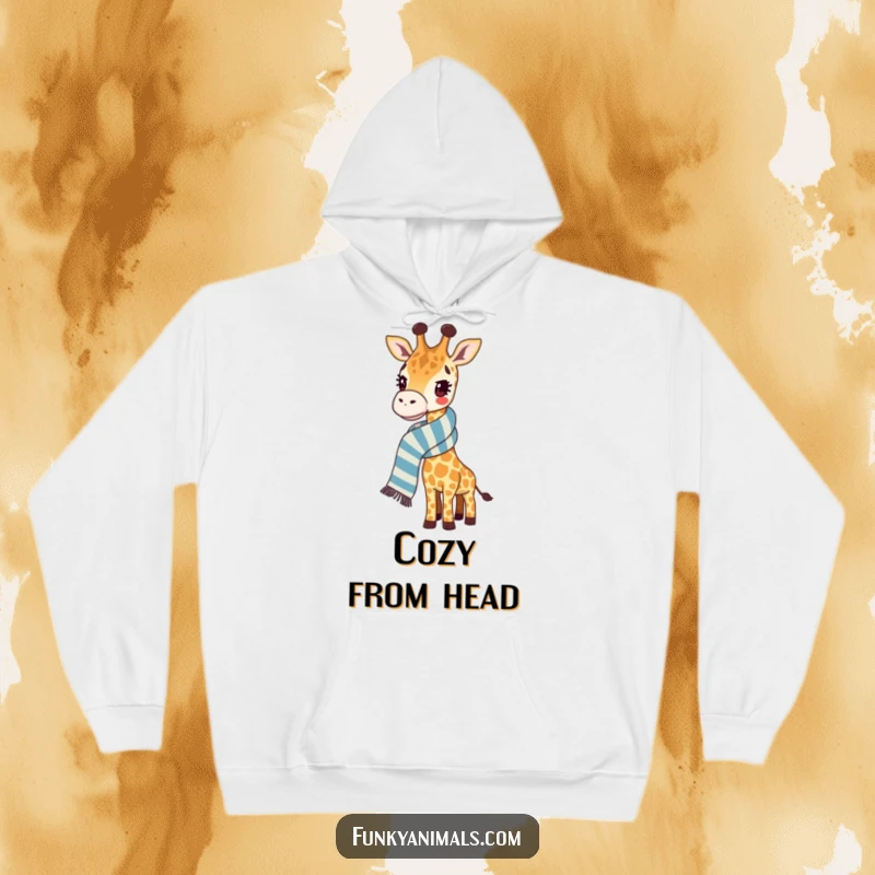 Funny giraffe hoodie featuring a cozy giraffe wearing a ridiculously long, striped scarf, perfect for staying warm in style.
