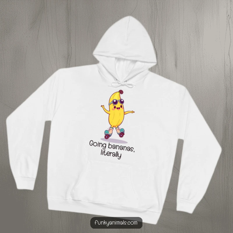 Funny hoodie showcasing a groovy anthropomorphic banana in a dynamic spin on roller skates, creating a fun and cozy winter wear design.