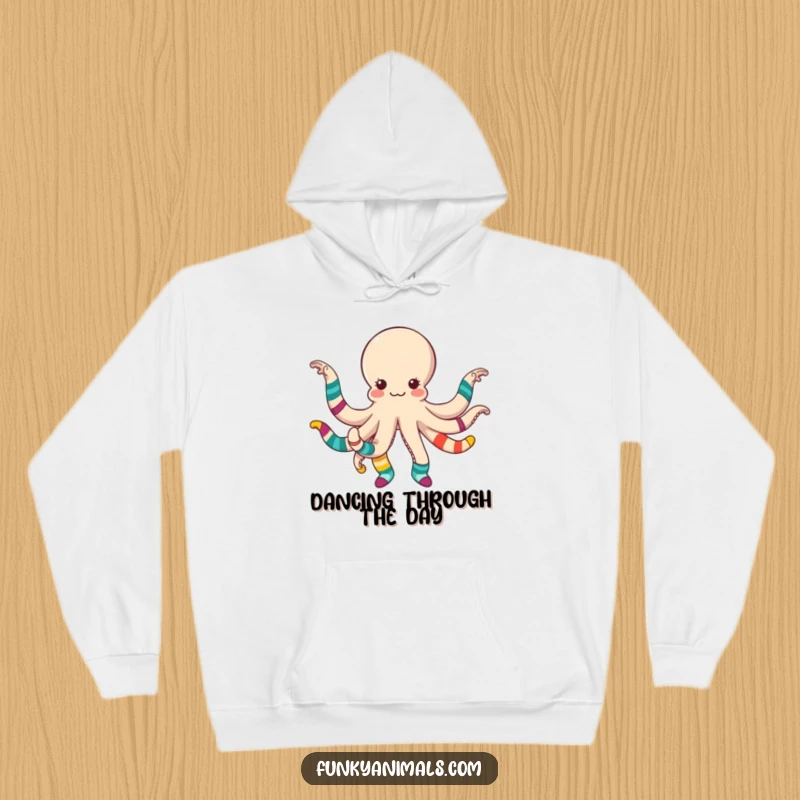 Funny octopus dancing energetically, each tentacle adorned with colorful mismatched socks, a cozy and humorous hoodie.