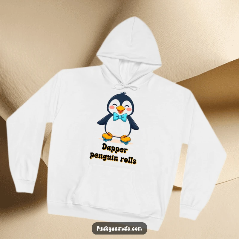 Funny, cozy hoodie featuring a goofy penguin on roller skates with a bow tie, a warm and humorous apparel gift.