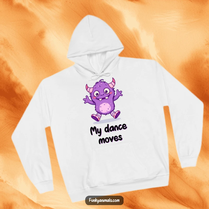 Funny purple monster hoodie, creature with mismatched socks doing a goofy, infectious dance.