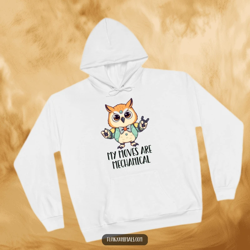 Funny Robot Owl Cub Hoodie: A stylish owl cub in a bowtie, performing a mechanical robot dance, exuding cool and a touch of dapper humor.