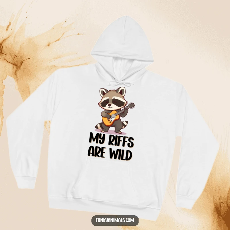 Funny Rocking Raccoon Hoodie: A cool raccoon cub playing a miniature guitar, dressed for comfort and ready to rock with a humorous, musical flair.