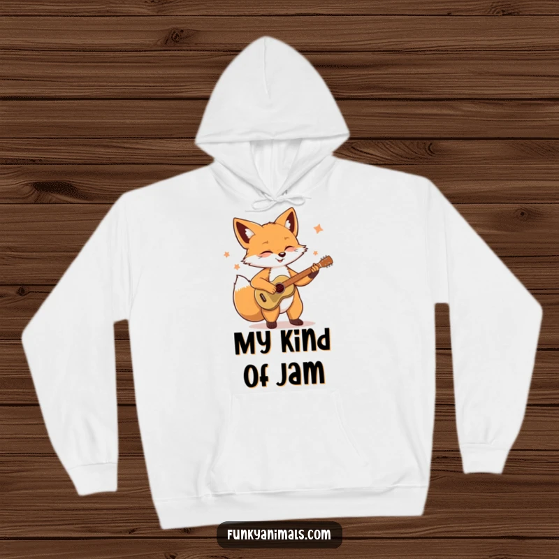 Funny Soulful Fox Hoodie: A charismatic fox with a guitar is depicted in a moment of musical bliss, perfect for cozy listening.