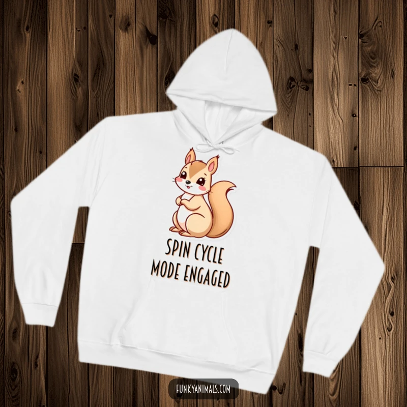 Funny squirrel with a dizzying spiral tail, radiating energetic vibes, a cozy and humorous hoodie design.