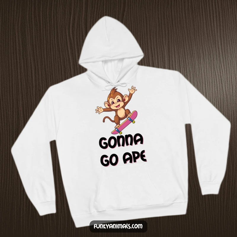 Funny hoodie with a mischievous monkey performing a skateboard trick mid-air, designed for warmth and a humorous look for skaters.
