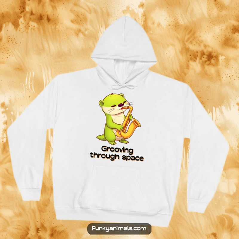 Funny alien otter saxophone hoodie, showcasing a lime green alien otter playing a funky saxophone, perfect for cozy jam sessions.