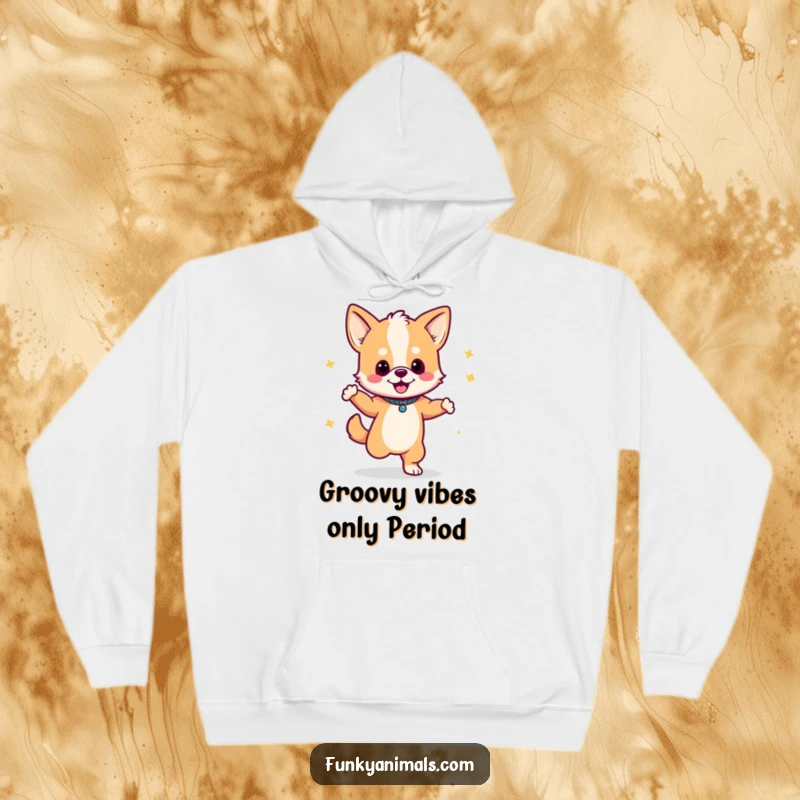Funny hoodie featuring a dog cub in mid-dance with a boombox, radiating fun and groovy energy.
