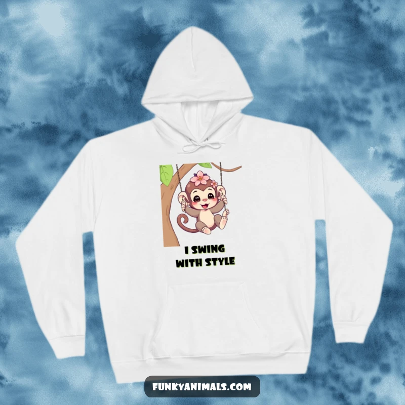Funny Swinging Monkey Cub Hoodie: A cheerful monkey cub swinging with a flower in its hair, offering warmth and a humorous, lighthearted vibe.