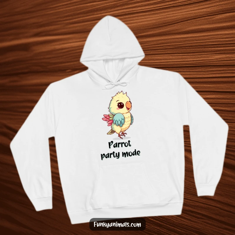 Funny hoodie featuring a groovy parrot cub dancing, offering warmth and a burst of tropical fun with a shimmery feather.