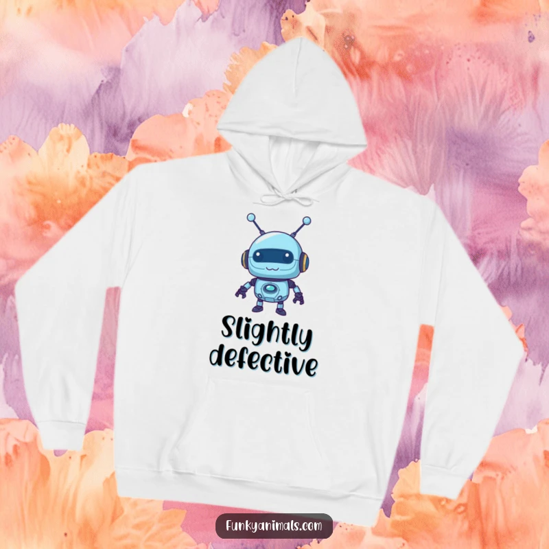 Funny blue robot hoodie featuring a mischievous robot with wobbly antennas, designed for warm, humorous techy vibes.