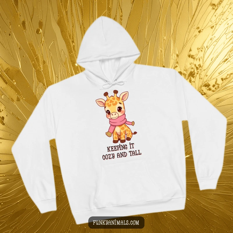 Funny hoodie featuring a hip giraffe cub wearing a knitted scarf, exuding a cool and relaxed vibe.