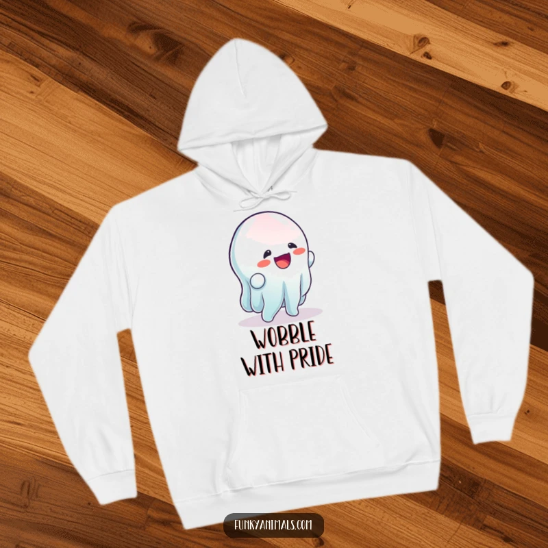 Funny hoodie featuring a wobbly, gelatinous creature doing a rhythmic wobble, perfect for cozy, humorous wear.