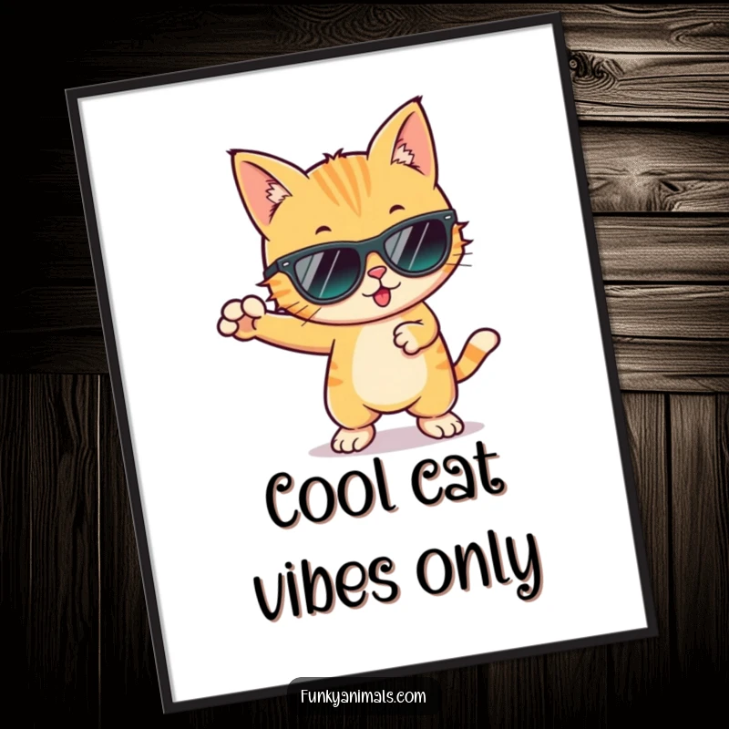 Funny free printable wall art of a cool cat wearing sunglasses and doing a funky dance move, radiating coolness.