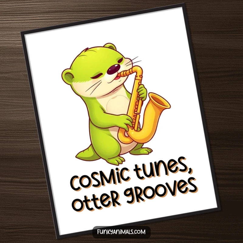 Funny Free Printable Wall Art: Lime green alien otter playing a funky saxophone with cosmic energy. A humorous, downloadable space art.