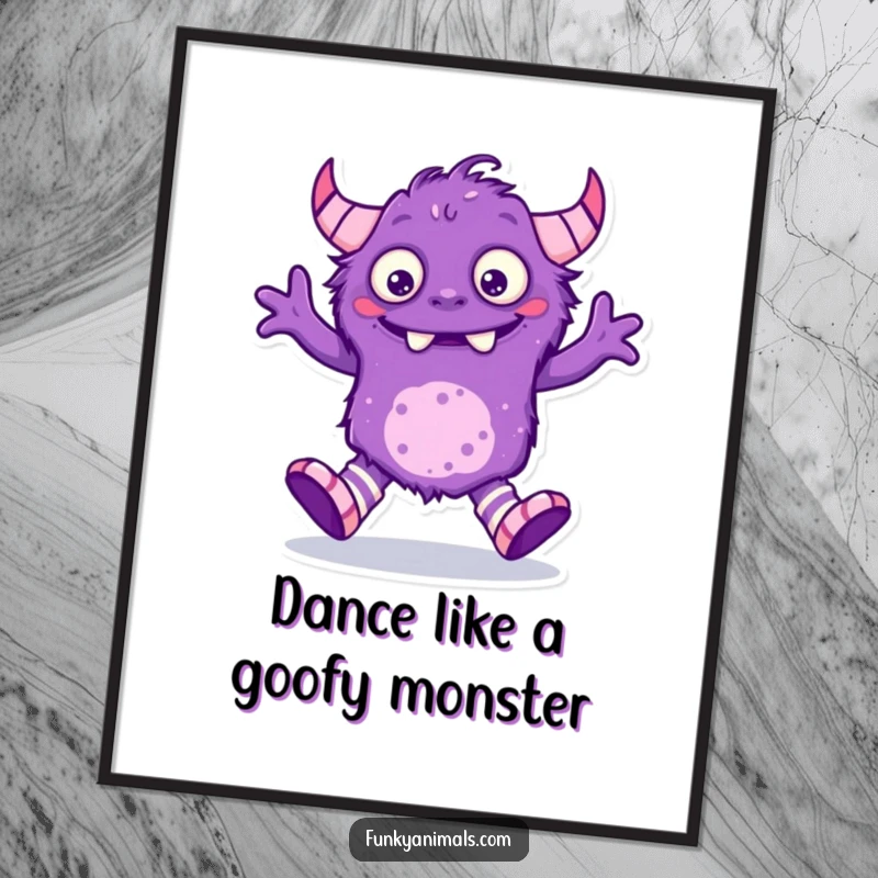 Funny Free Printable Wall Art: Purple monster with mismatched socks does a silly dance, making for vibrant, humorous downloadable art.