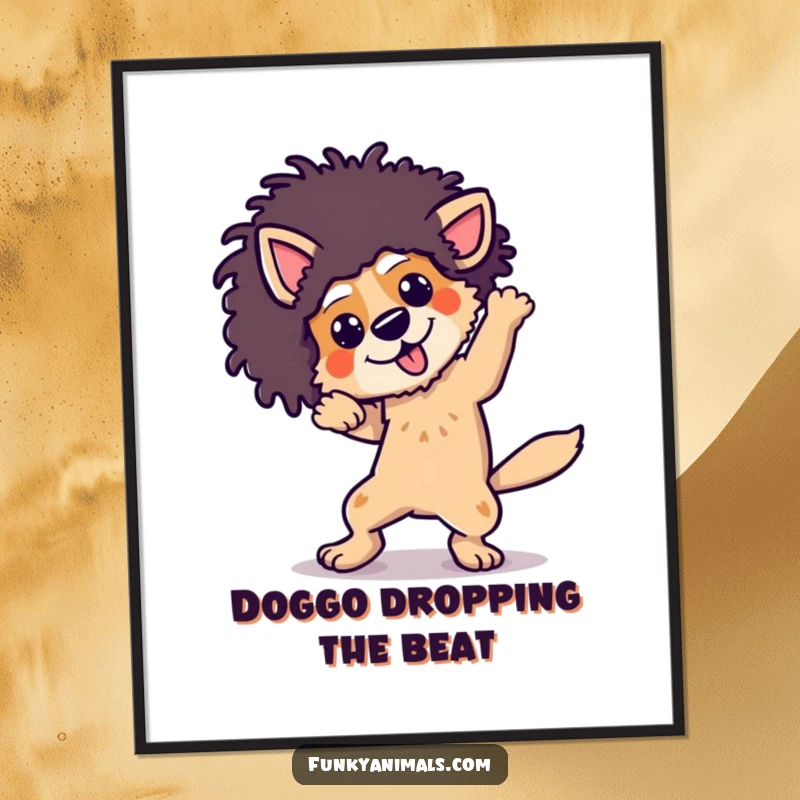 Funny Free Printable Wall Art showcasing a funky dog sporting an afro wig while breakdancing with high-energy, athletic moves.