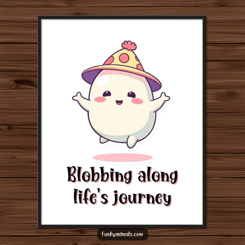 Funny Free Printable Blob Creature Art: Abstract blob creature in a funky hat, bouncing energetically on a white background.