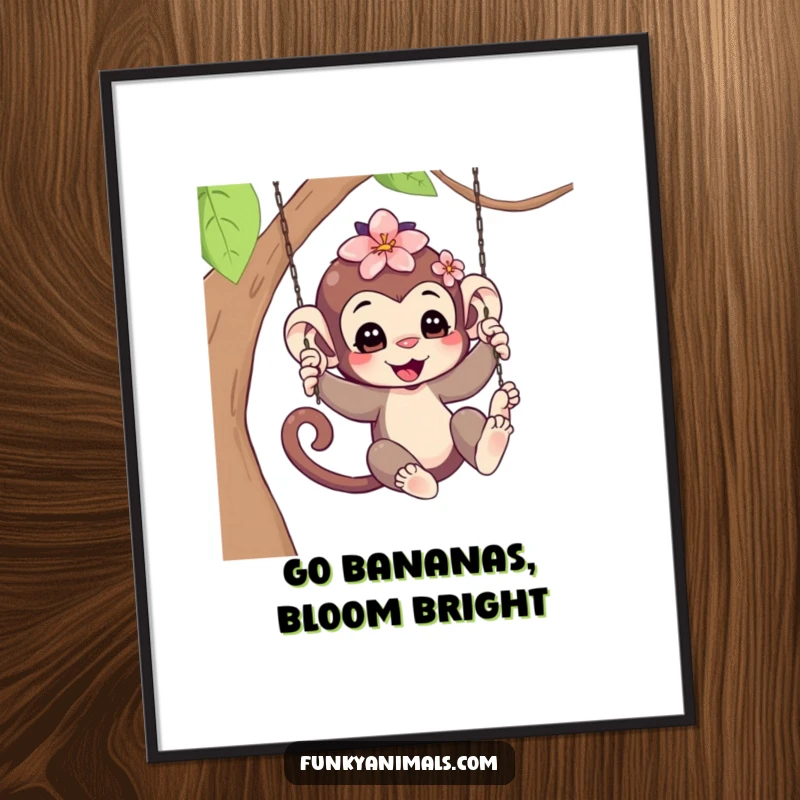 Funny Free Printable Monkey Wall Art: A cute monkey cub swinging happily with a flower in its hair, adding playful decor.