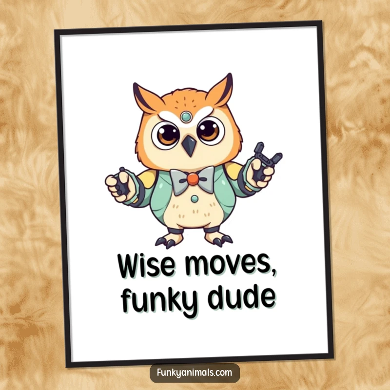 Funny Free Printable Owl Robot Wall Art: A stylish owl cub in a bowtie performing a robotic dance, perfect for quirky decor.