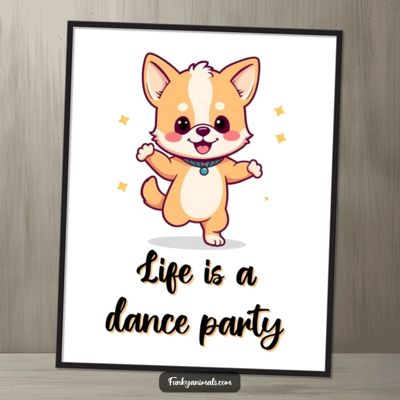 Funny Free Printable Wall Art: A dog cub with a boombox dances with wild, groovy energy and a huge smile.