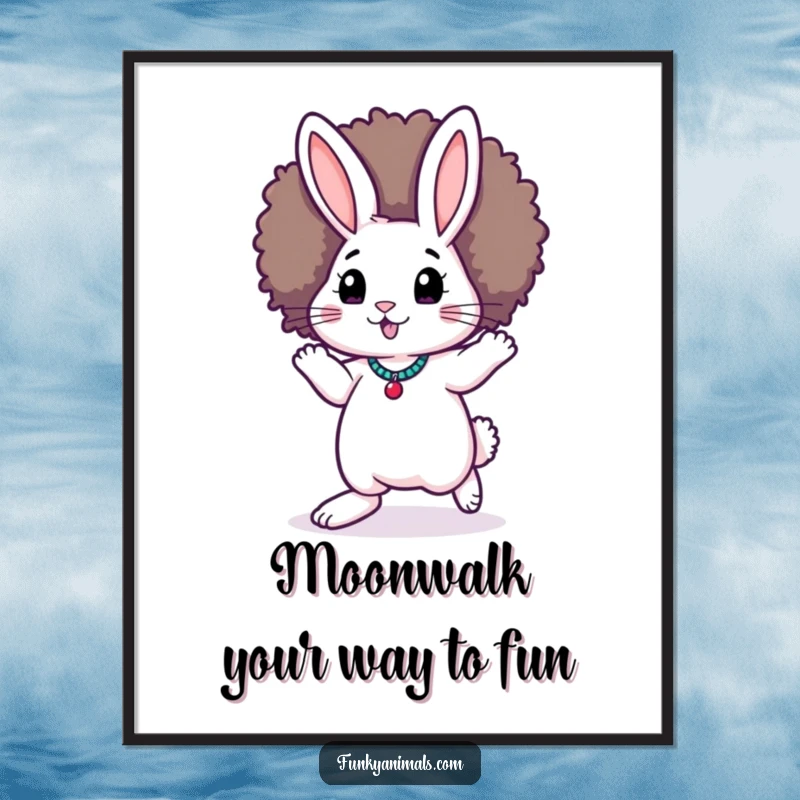 Funny Free Printable Wall Art: A rabbit sporting a large afro wig, expertly moonwalking with a confident, funky expression, full of energy.