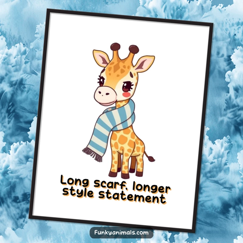 Funny Free Printable Wall Art: A fashionable giraffe proudly displays its incredibly long, striped scarf.
