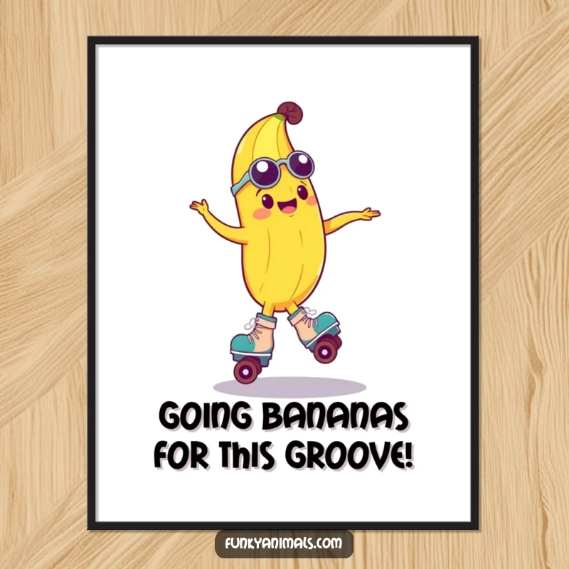 Funny Free Printable Wall Art: A groovy anthropomorphic banana in roller skates doing a dynamic spin, radiating retro cool.
