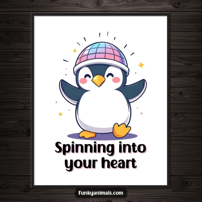 Funny Free Printable Wall Art: A penguin sports a spinning disco ball helmet, radiating party vibes and hilarious energy.