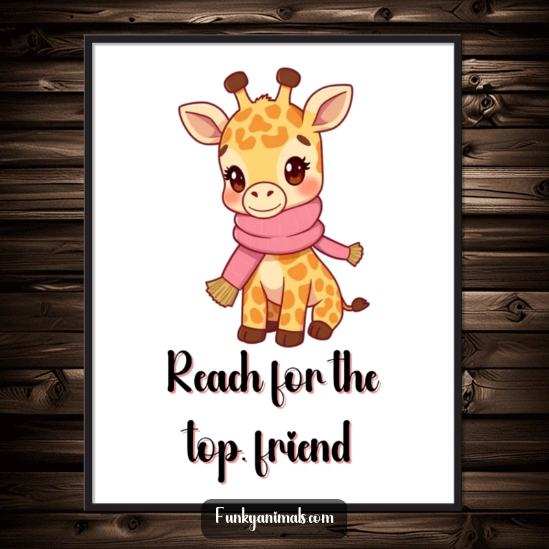 Funny Free Printable Wall Art: A hip giraffe cub wearing a fashionable knitted scarf bobs its head stylishly.