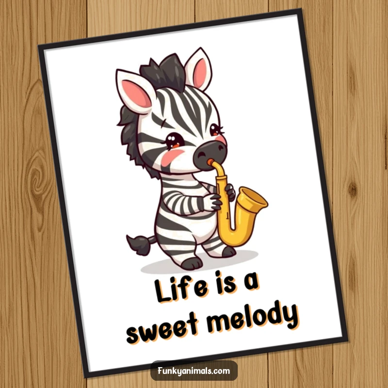 Funny Free Printable Wall Art: A jazzy zebra cub plays a saxophone with amazing skill and a cool, energetic stance.