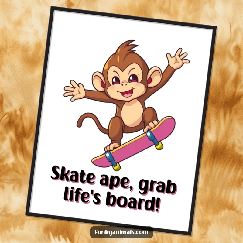 Funny Free Printable Wall Art: A mischievous monkey performing a radical skateboard trick mid-air, full of energy and cool.