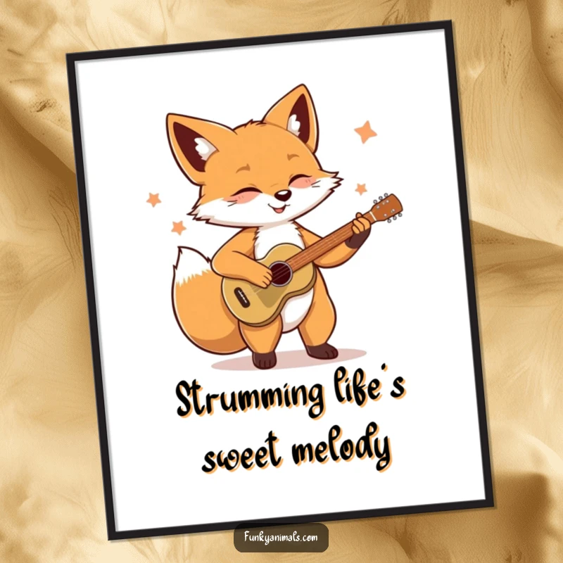 Funny Free Printable Wall Art: A cool fox with a guitar, strumming a tune with a relaxed, soulful expression, capturing musical passion.