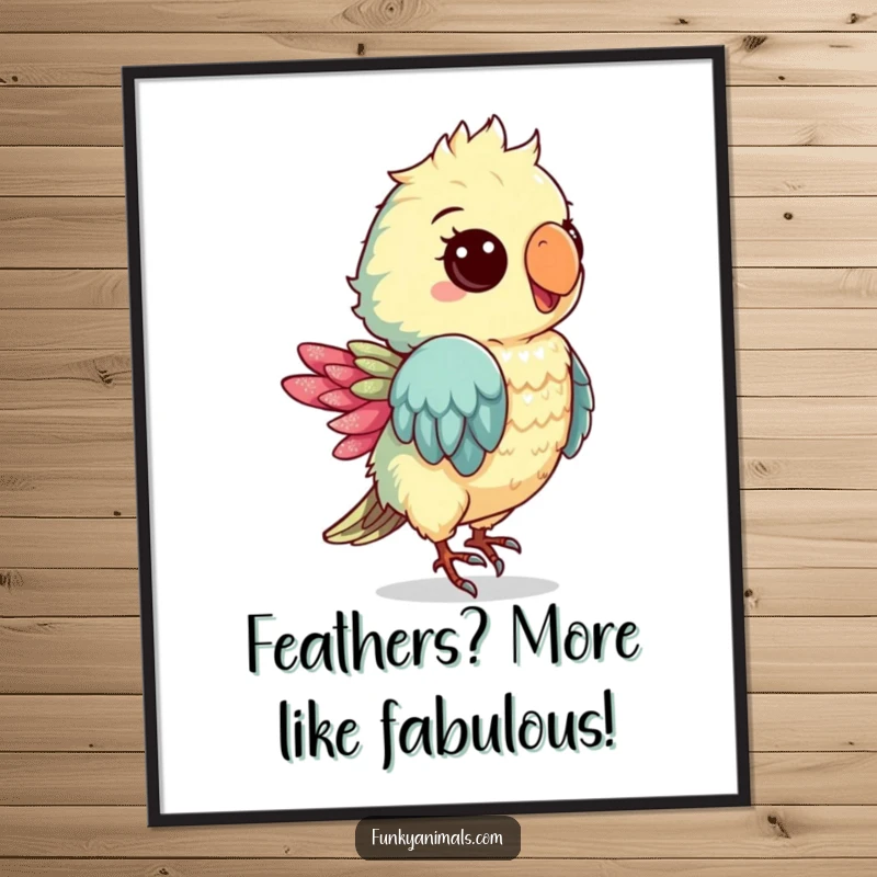 Funny Free Printable Wall Art: A groovy parrot cub with a spectacularly shimmery feather caught mid-dance, radiating fun and personality.