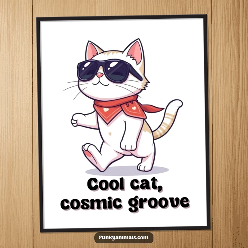 Funny Free Printable Wall Art: A cool cat wearing sunglasses and a bandana gracefully moonwalking on four paws.