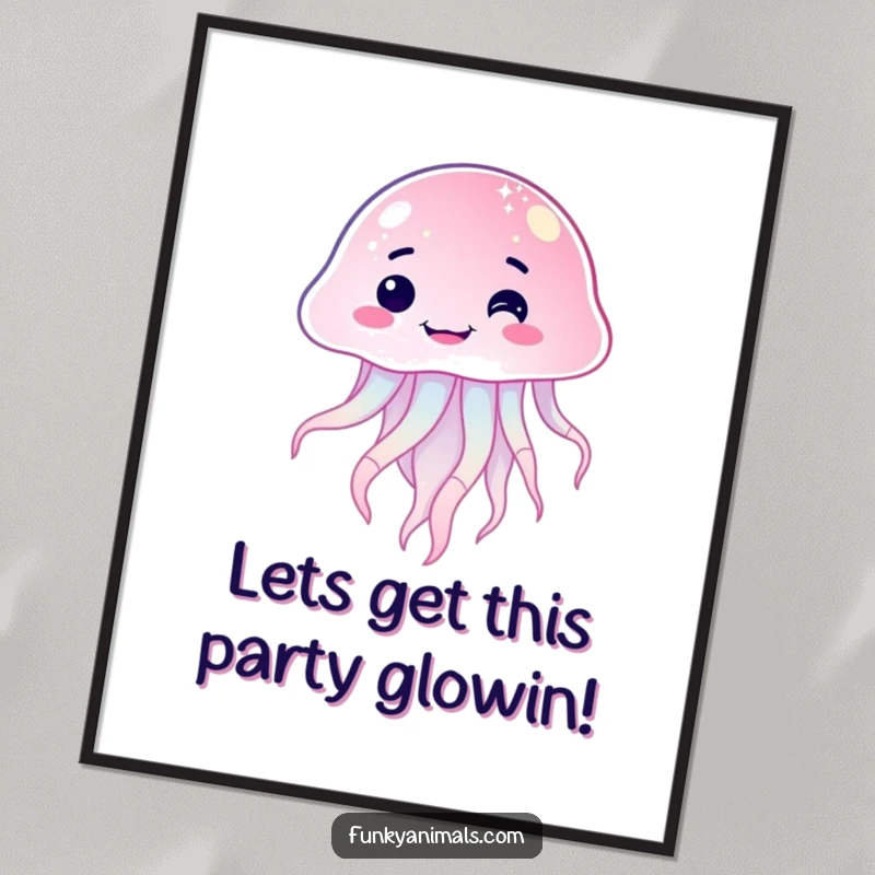 Funny Free Printable Wall Art: Sparkling jellyfish floating with a goofy, lopsided grin, adding quirky humor to any room.