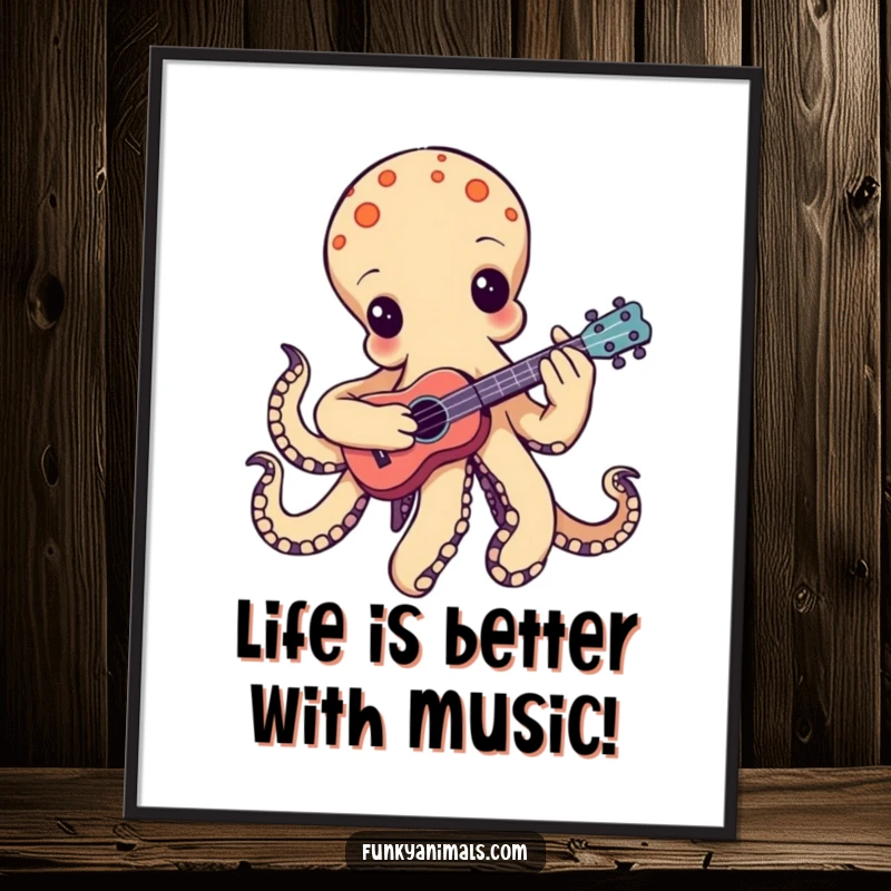 Funny Free Printable Wall Art: Groovy octopus playing a tiny ukulele, one tentacle strumming, creating a fun atmosphere.