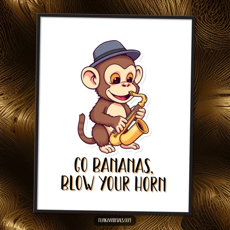 Funny Free Printable Wall Art: A funky monkey in a tiny fedora plays a miniature saxophone with smooth, jazzy style.
