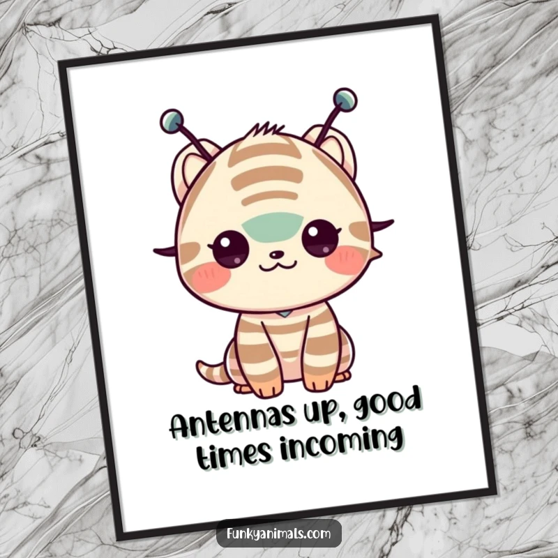 Funny Free Printable Wall Art: Striped creature with antenna doing a lively shoulder shimmy, humorous and downloadable art.