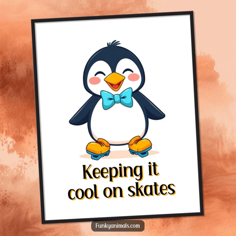 Funny Free Printable Wall Art: Goofy penguin confidently skating in a bow tie, adding playful vibes to decor.