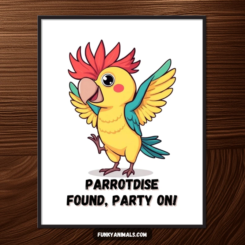 Funny Free Printable Wall Art: A colorful parrot with spiky feathers performing a wild, flamboyant dance with joyful abandon.
