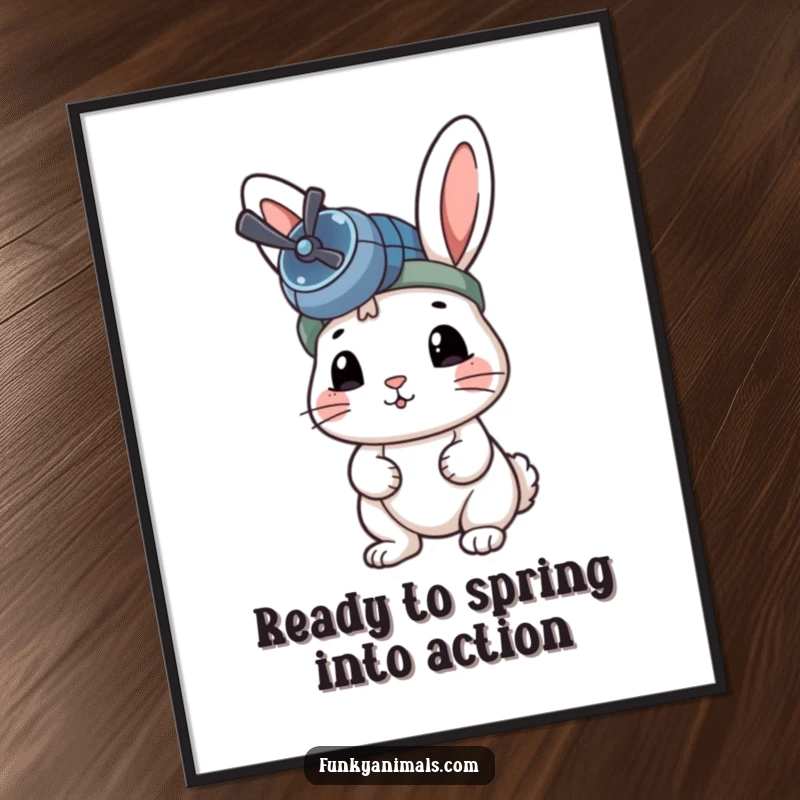 Funny Free Printable Wall Art: A rabbit wearing a propeller beanie, looking excited and ready for an airborne adventure.