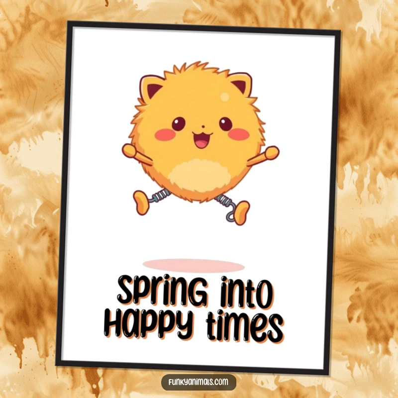 Funny Free Printable Wall Art: Fuzzy orange creature with spring legs bounces energetically, creating vibrant and humorous downloadable art.