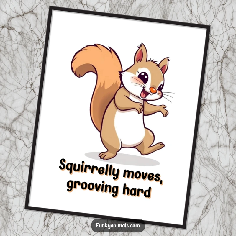 Funny free printable wall art of a breakdancing squirrel spinning on its tail, looking incredibly groovy and cool.