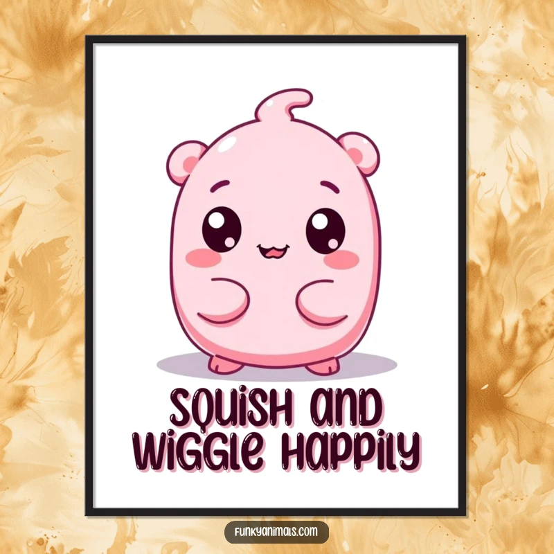 Funny free printable wall art: a pink, squishy creature with big googly eyes wiggling its body in a fun pose.