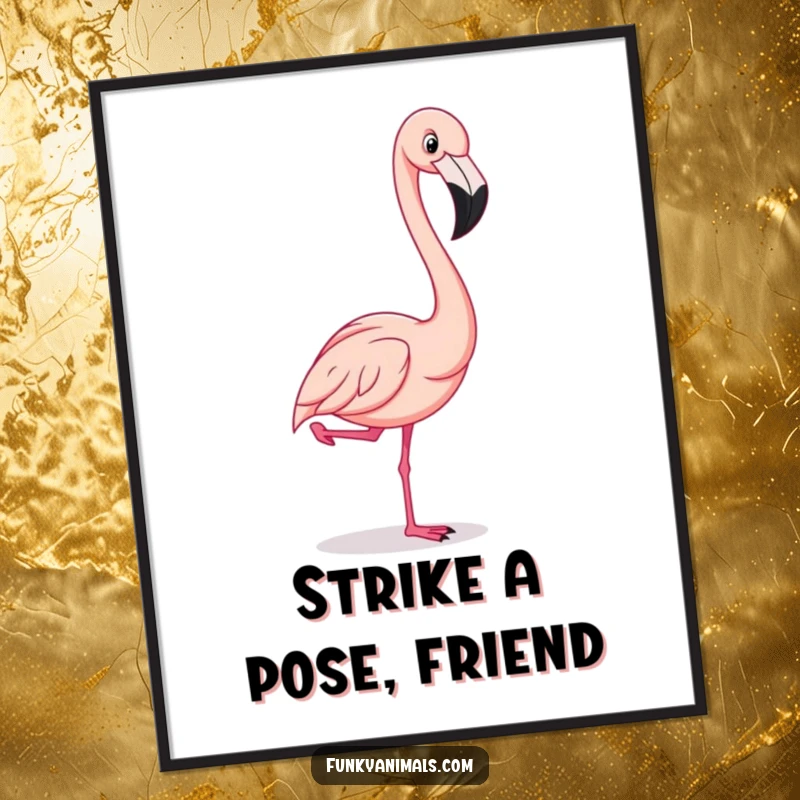 Funny Free Printable Wall Art: A flamboyant flamingo stands proudly, striking a comical pose with one leg lifted high in the air.
