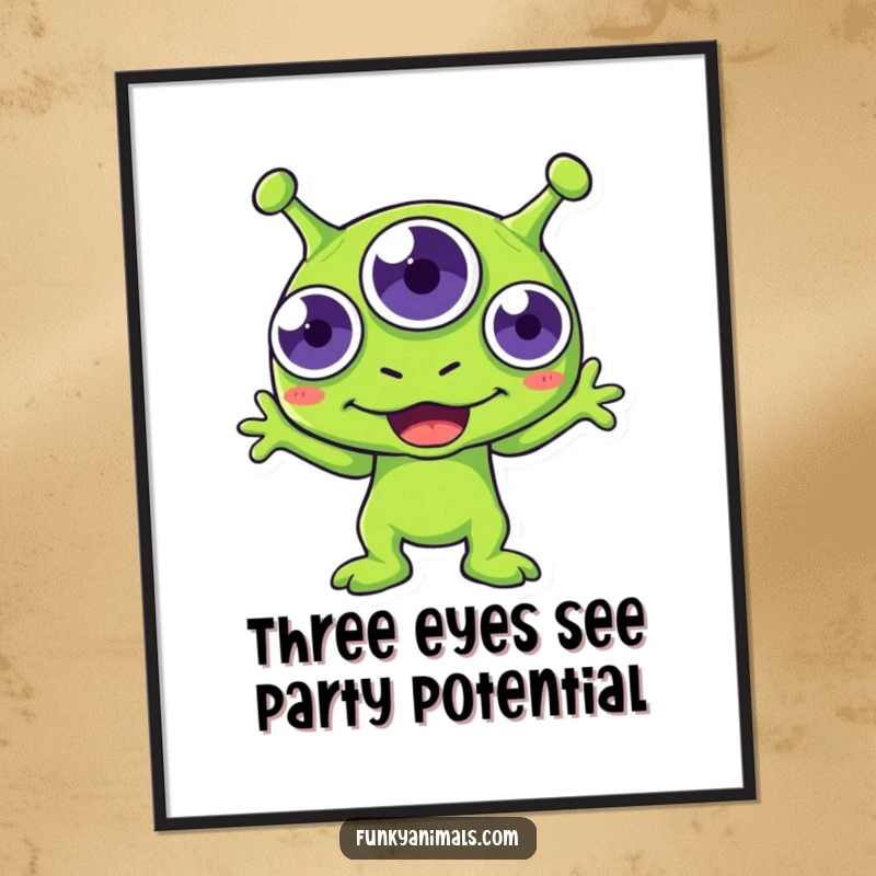 Funny Free Printable Wall Art: Green alien with three eyes enthusiastically boogies, creating vibrant and humorous downloadable art.