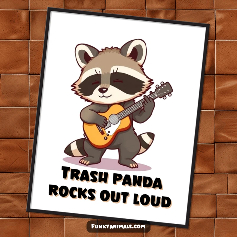 Funny Free Printable Raccoon Wall Art: A cool raccoon cub strumming a tiny guitar, perfect for music lovers and rock fans.