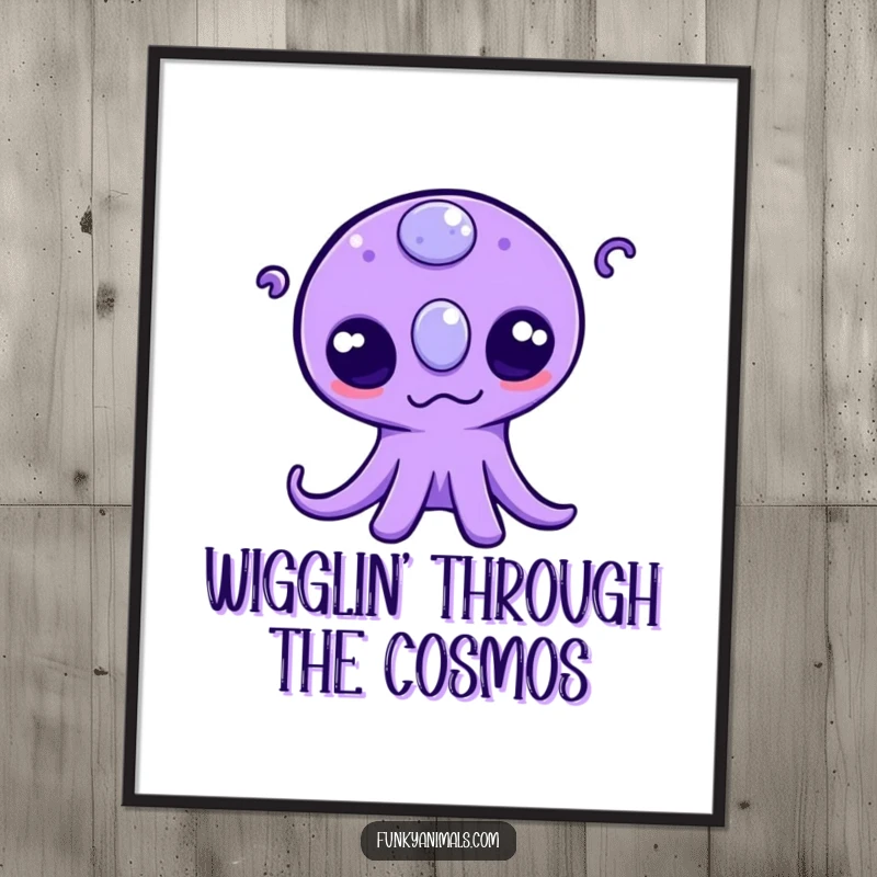 Funny Free Printable Wall Art: Purple alien creature with three eyes playfully wiggling its tentacles, adding cosmic flair